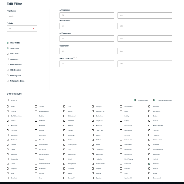 Betburger filters screenshot
