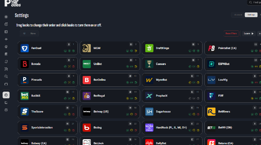 Betting site filtering UI Pick the Odds