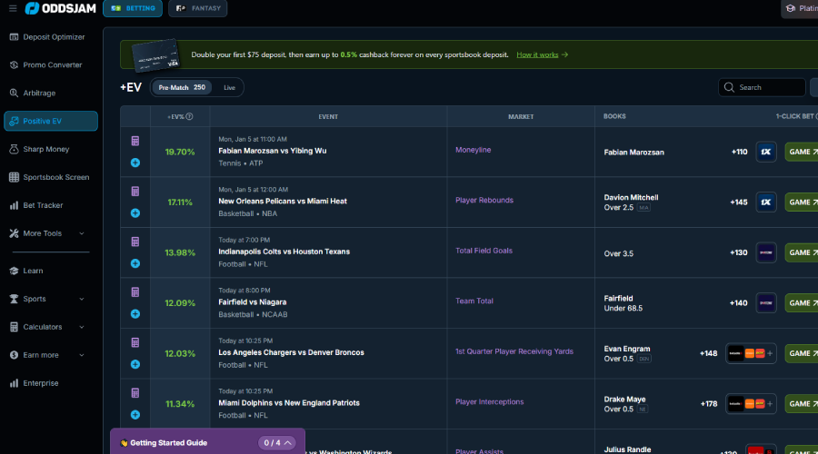OddsJam +EV betting opportunities screenshot