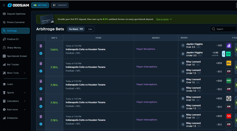 OddsJam arbitrage betting user interface