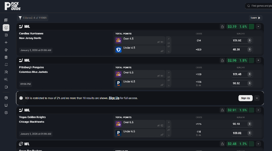 Pick the odds user interface for arbitrage