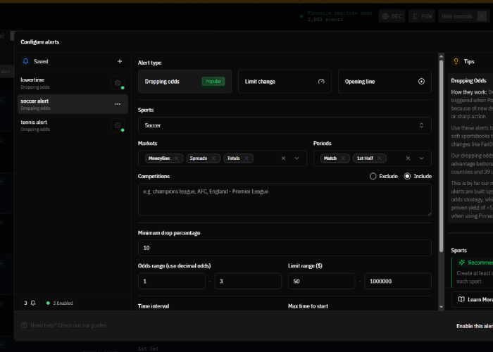Pinnacle odds dropper filtering system