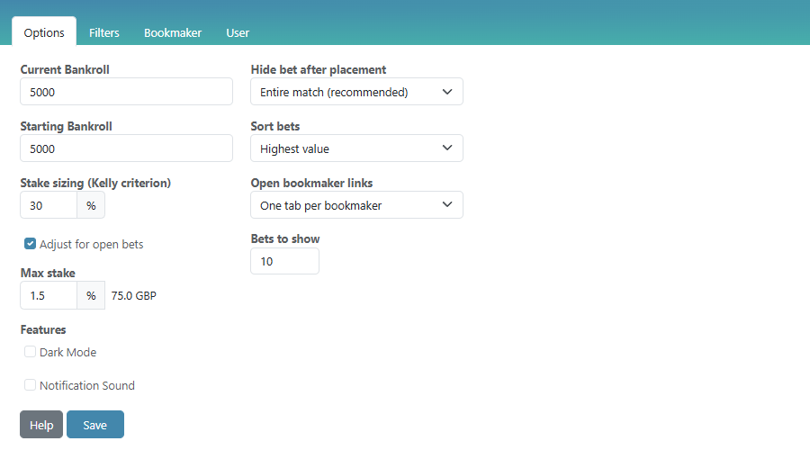 RebelBetting Settings