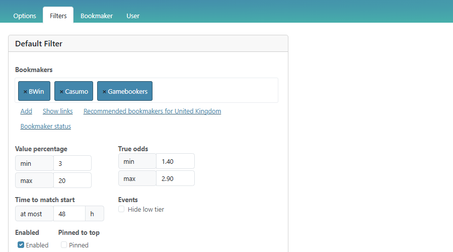 Rebelbetting user interface filters