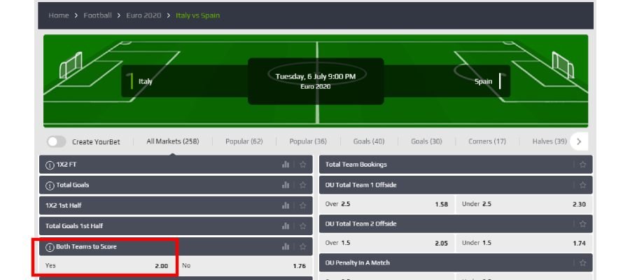 football match on netbet with markets