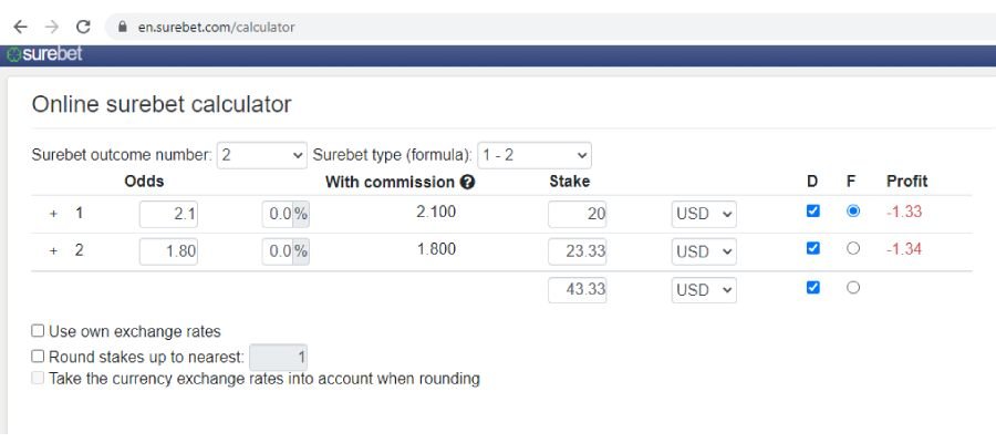 calculator on surebet to complete free bet offer requirement