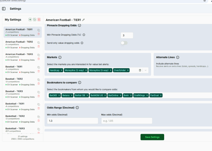 filtering settings at valuebetfactory