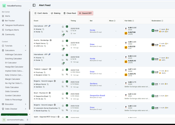 main user interface of valuebetfactory with ev bets and dropped odds